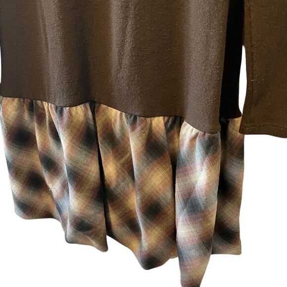 VINTAGE Wool Blend Brown Knit Drop Waist Plaid Skirt Long Sleeve Dress 48 - Picture 3 of 10